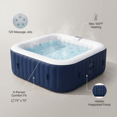 73'' X 73'' Inflatable Hot Tub Portable, Outdoor Massage Jets Home Spa Tub, Multifunction Hidden Pump, Cover, Storage Bag, Floor Mat, 4 Filters, 2 Cup Holder, Max 104℉, 910L
