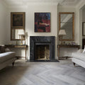 Black Marble Fireplace Mantel Hand Carved with White Veining - Polished 49 x 69 Inch